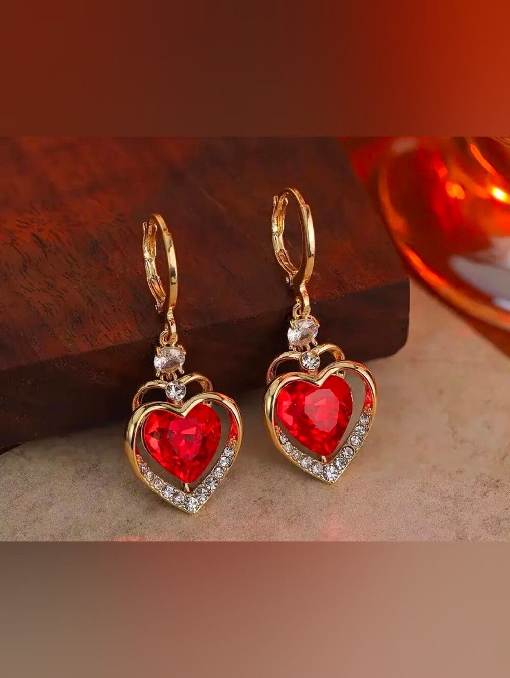 $8 Each Or Bundle 5/$20 Gold-Tone Red Heart Drop Earrings with Crystal Accents
